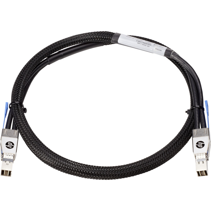 HPE E 2920 0.5m black braided stacking cable with HP branded connectors on white background