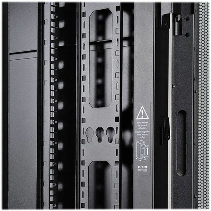 Close-up view of rack mounting system with U-space markers