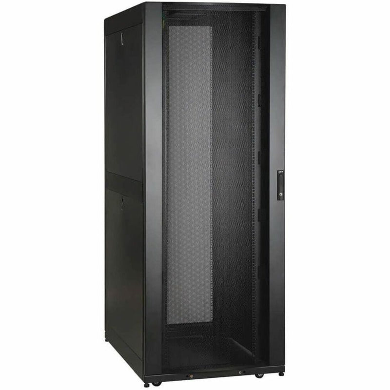 Front view of Tripp Lite SR48UBWDSP1 rack cabinet showing perforated mesh door design