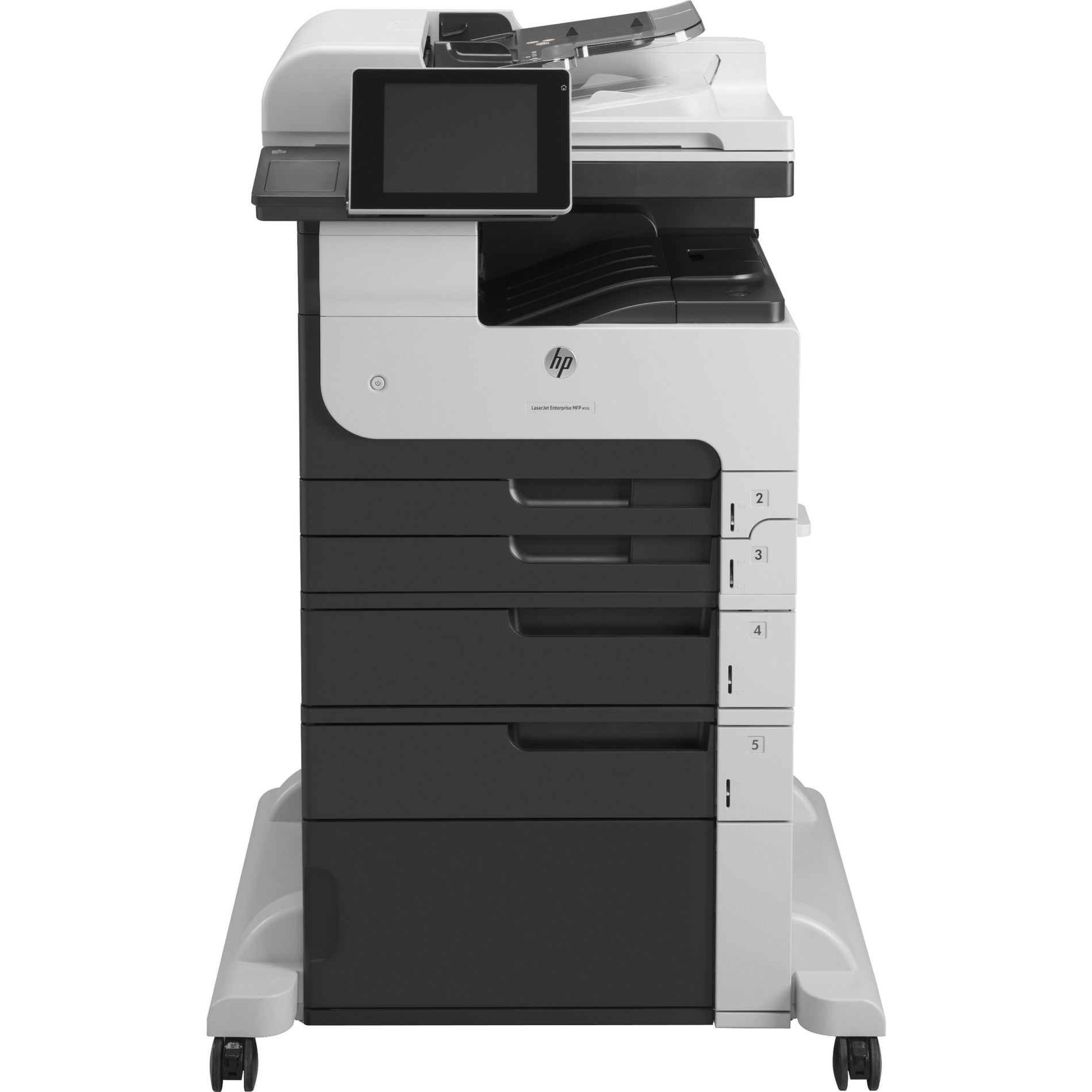 Front view of HP LaserJet M725F multifunction printer showing five paper trays, touchscreen display, and document feeder-alternate-image1