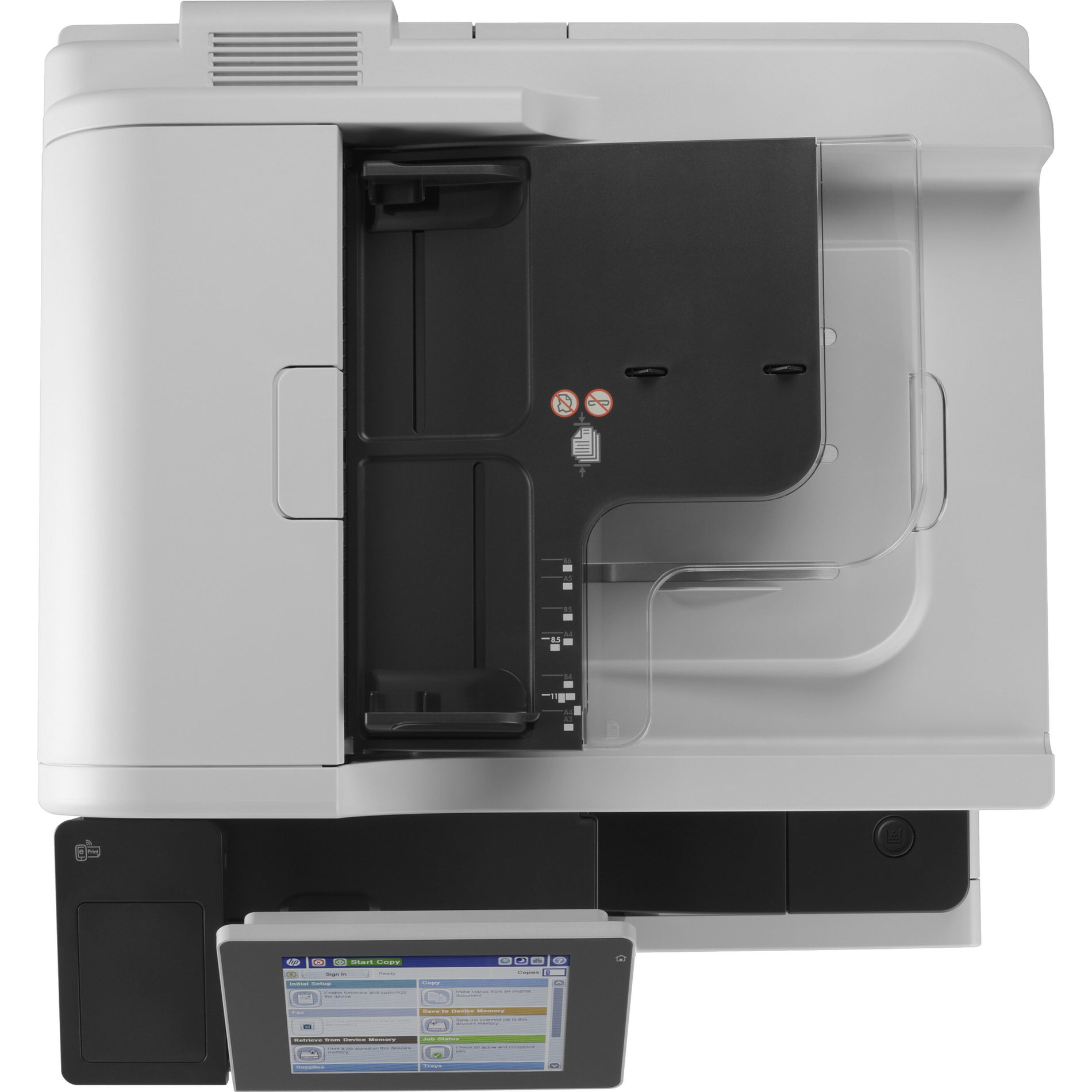 Top view of HP LaserJet M725F displaying paper path and document feeder system-alternate-image6