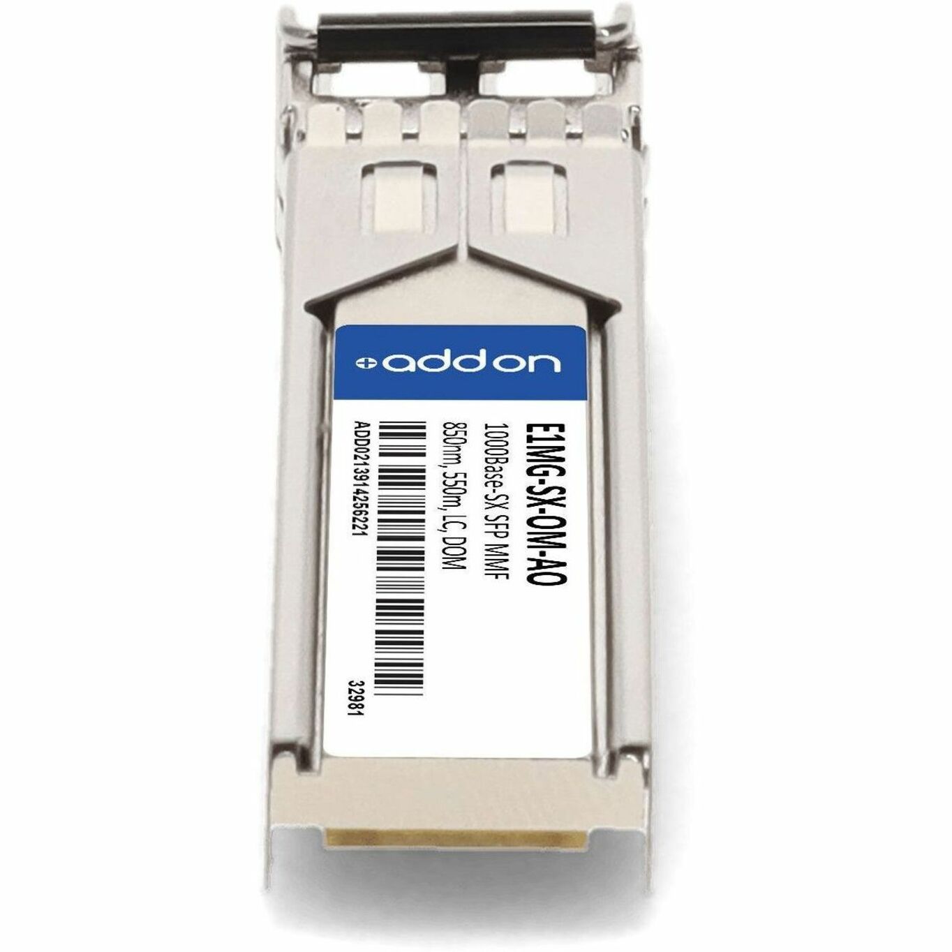 Front view of AddOn SFP transceiver showing industry standard markings and interface-alternate-image4