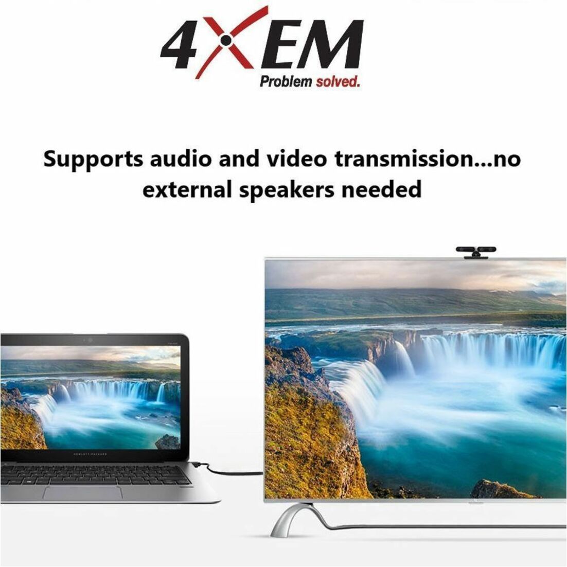 Marketing image showing laptop connected to monitor displaying waterfall scene with integrated audio capability-alternate-image4