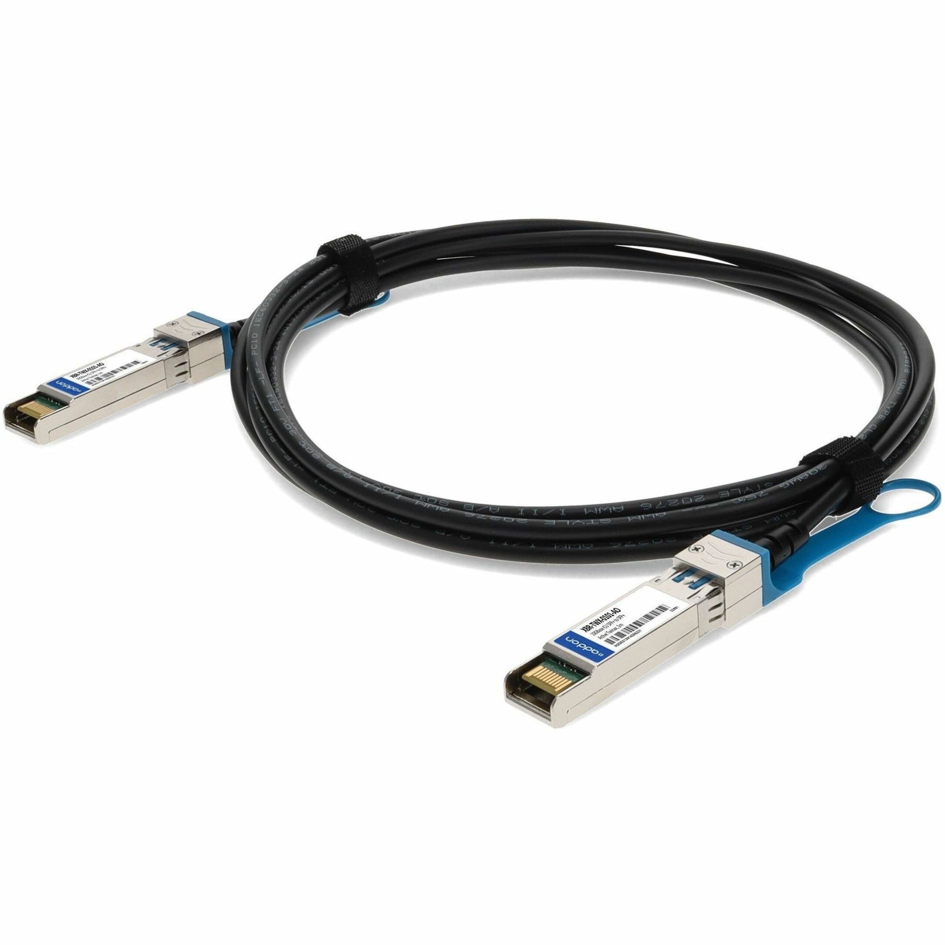 Front view of AddOn 1M 10GBASE-CU SFP+ active twinax cable with blue pull tabs-alternate-image1