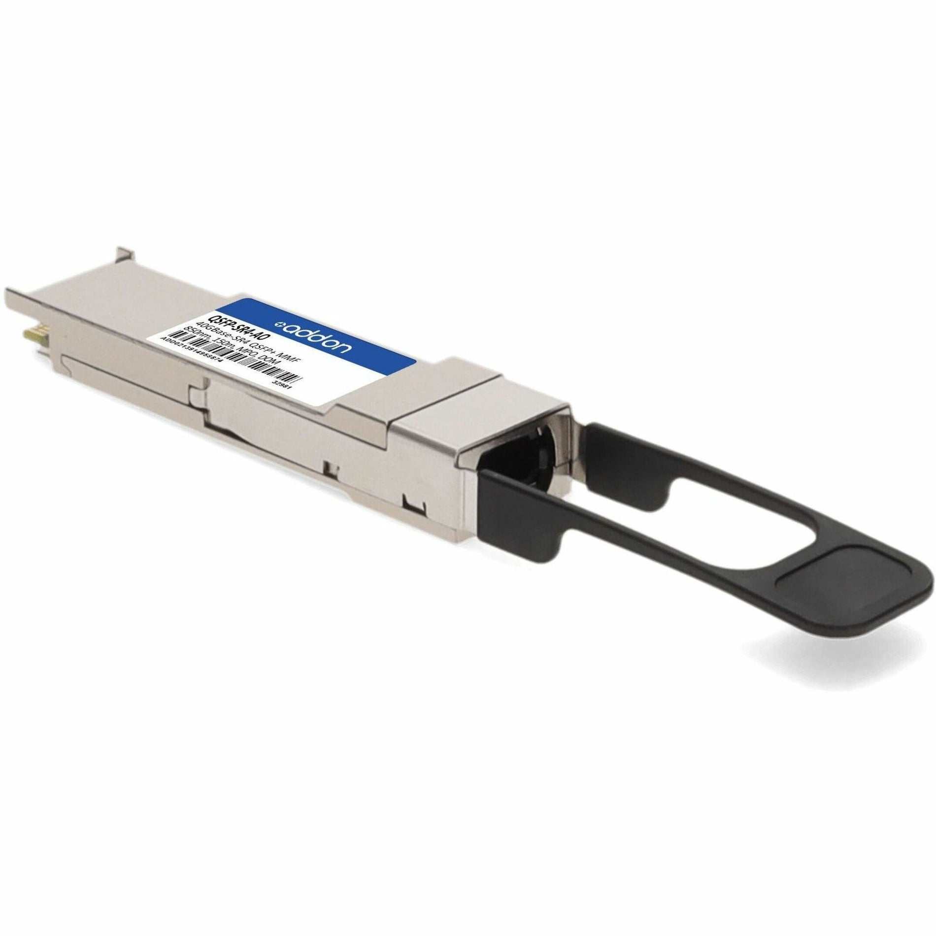 Angled view of AddOn QSFP-SR4-AO showing compact design and construction quality-alternate-image3