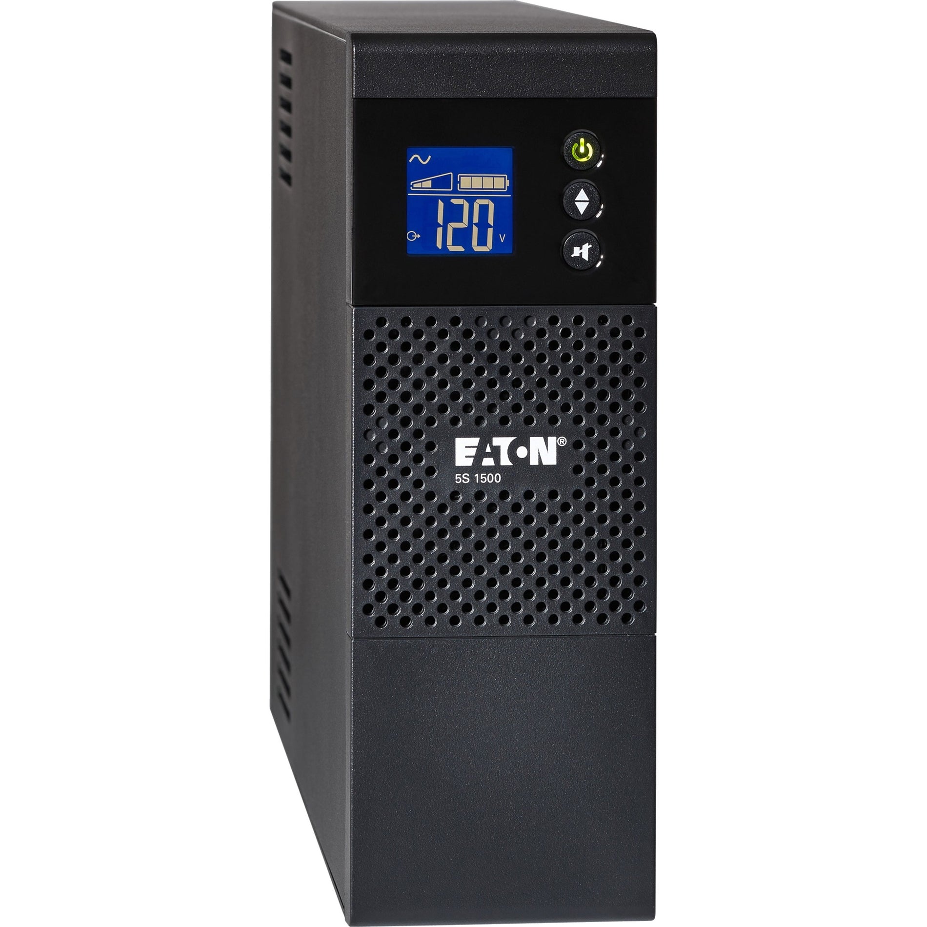 Eaton 5S 1000VA UPS tower unit showing LCD display screen with power readings and ventilated front panel design-alternate-image1