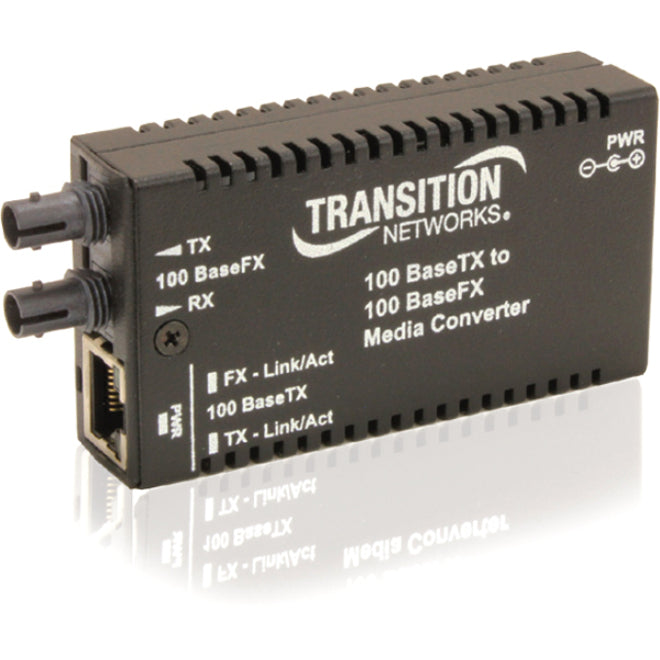 Transition Networks Mini Media Converter showing 100BaseTX to 100BaseFX conversion capabilities with TX/RX ports and status indicators-alternate-image1