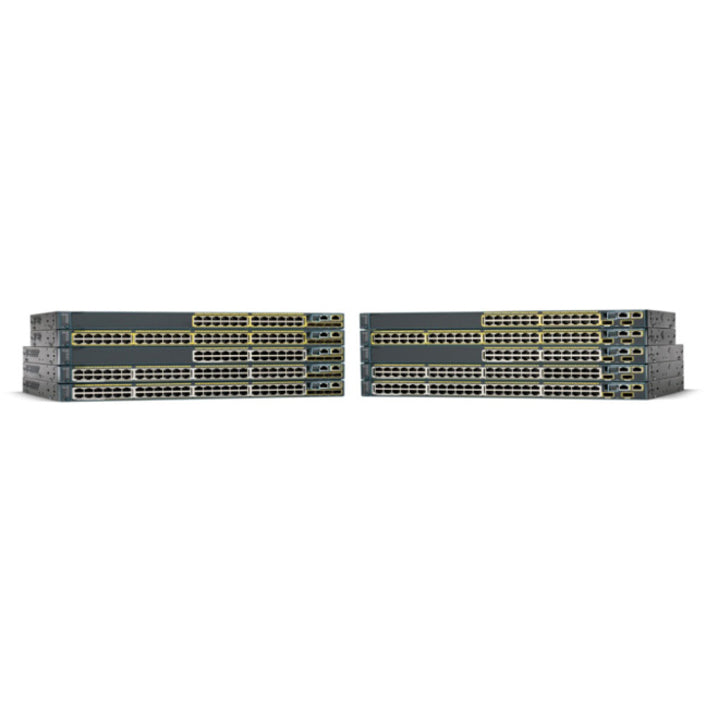 Angled view of Cisco Catalyst 2960X-48LPS-L switch series highlighting chassis design and cooling architecture