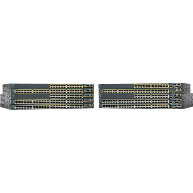 Front view of Cisco Catalyst 2960X-48LPS-L switch showing 48 Gigabit Ethernet ports and 4 SFP slots in stacked configuration