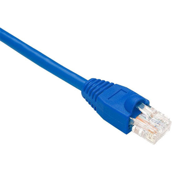 Close-up view of blue Cat.6 ethernet cable connector showing RJ-45 termination with snagless boot design