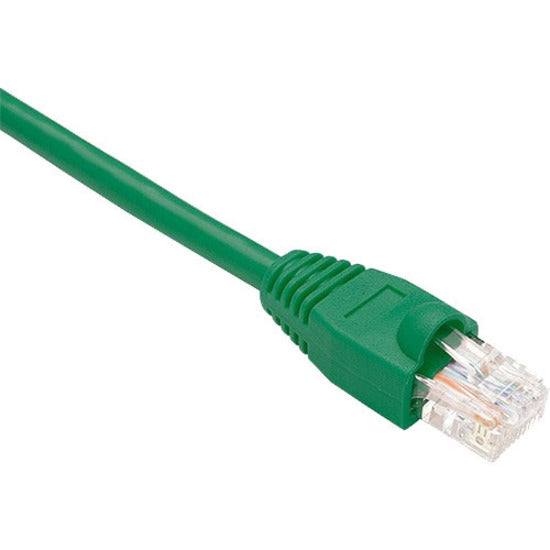 Close-up view of green Cat6 ethernet cable with snagless boot and RJ-45 connector showing internal copper conductors