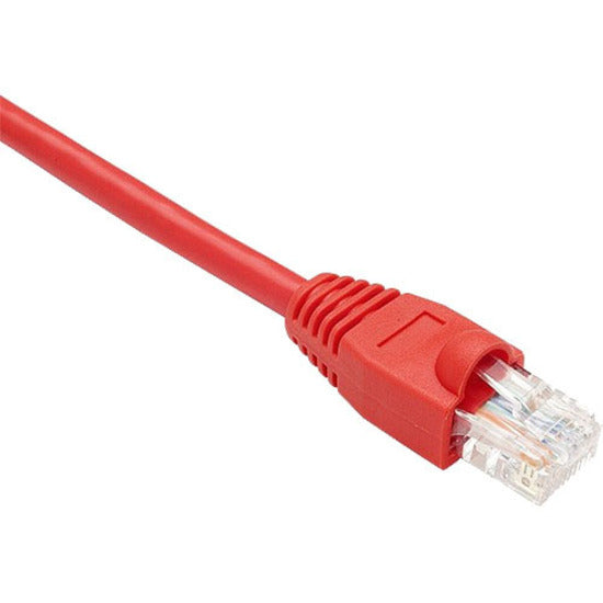 Close-up view of red Cat.6 network cable with snagless boot and RJ-45 connector showing transparent housing and internal wiring-alternate-image1