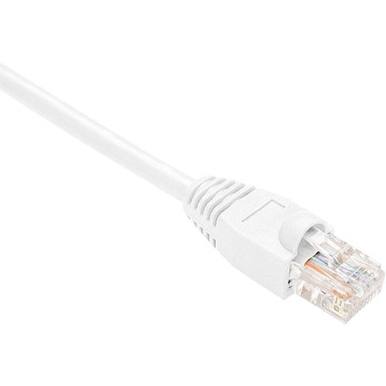 Close-up view of white Cat.6 network cable with snagless RJ-45 connector showing copper conductors-alternate-image1