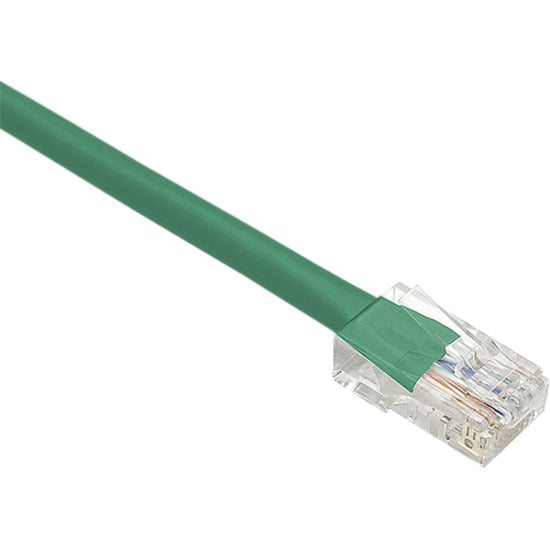 Close-up view of Unirise Cat.6 green ethernet cable with transparent RJ-45 connector showing internal wiring