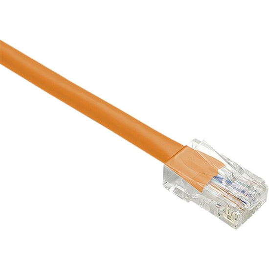 Close-up view of Unirise Cat.6 orange network cable with transparent RJ-45 connector showing internal wiring-alternate-image1