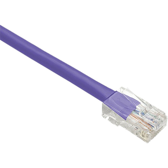 Close-up view of Unirise Cat.6 purple network cable with transparent RJ-45 connector showing internal wiring-alternate-image1