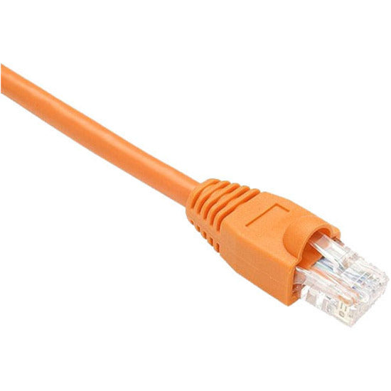 Close-up view of orange Cat6 ethernet cable with snagless boot and RJ-45 connector showing internal wiring-alternate-image2