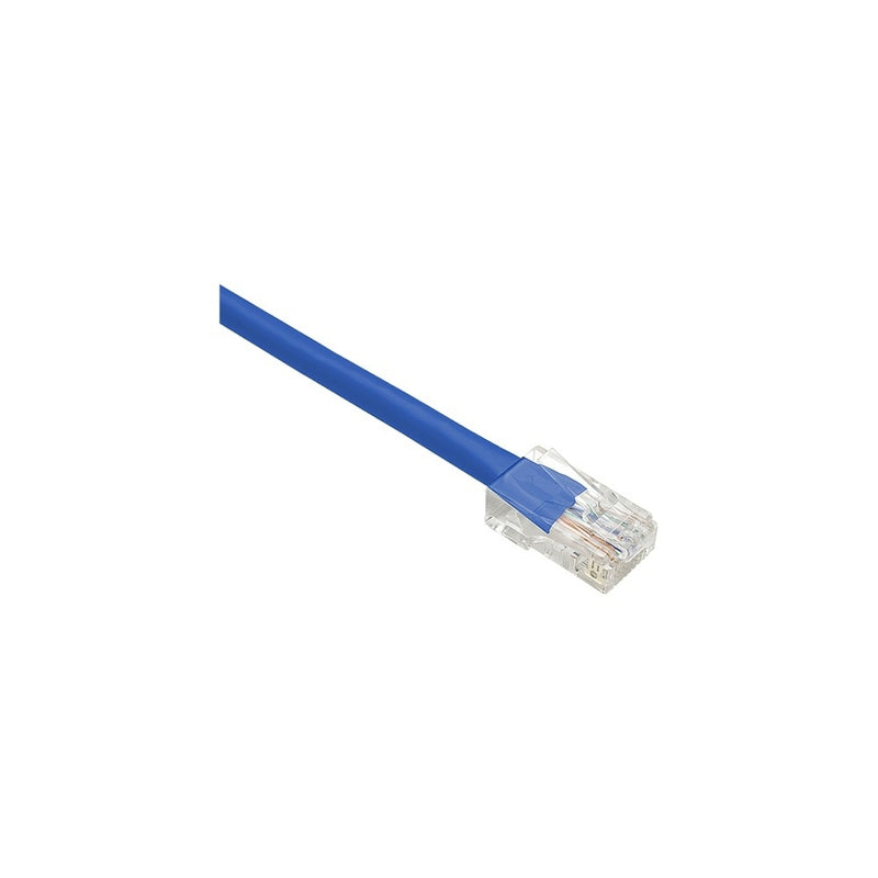 Blue Cat.5e network patch cable with transparent RJ-45 connector showing internal copper conductors