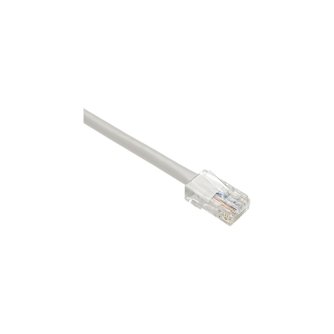 Close-up view of Unirise Cat.5e network cable's RJ-45 connector and gray cable jacket-alternate-image1