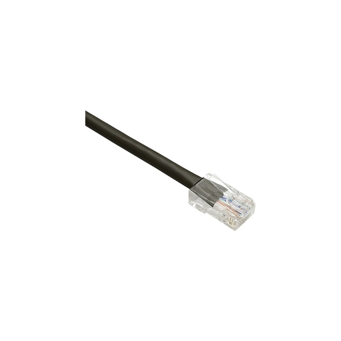 Close-up view of Unirise Cat.5e black network cable with transparent RJ-45 connector showing internal copper conductors-alternate-image1