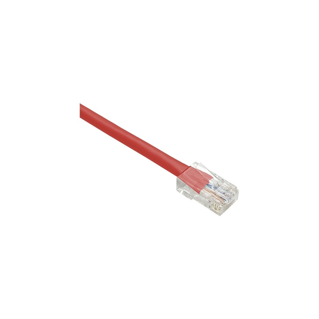 Close-up view of red Cat.5e network cable with transparent RJ-45 connector showing internal wiring-alternate-image2