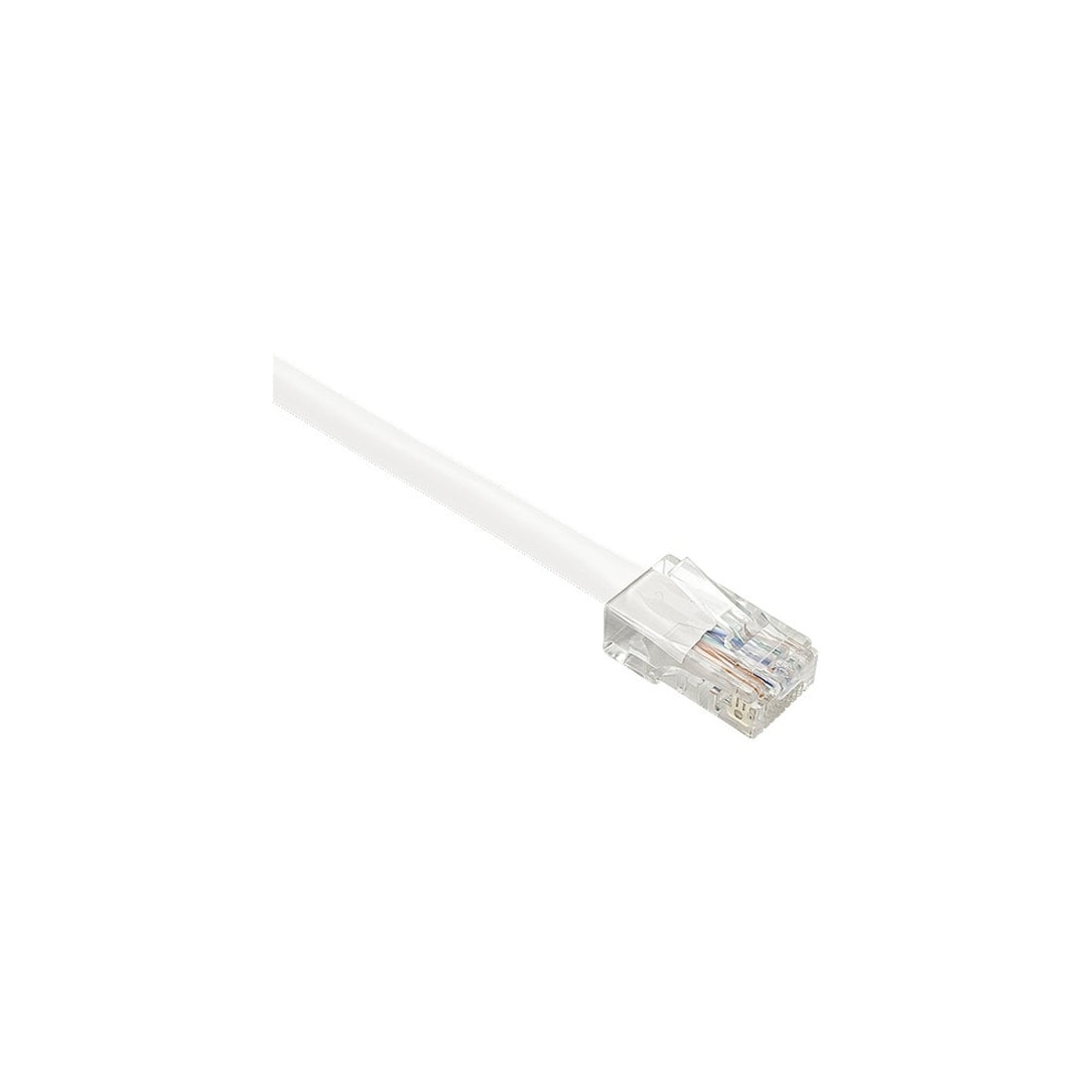 Close-up view of white Cat.5e network cable with transparent RJ-45 connector showing internal wiring-alternate-image2