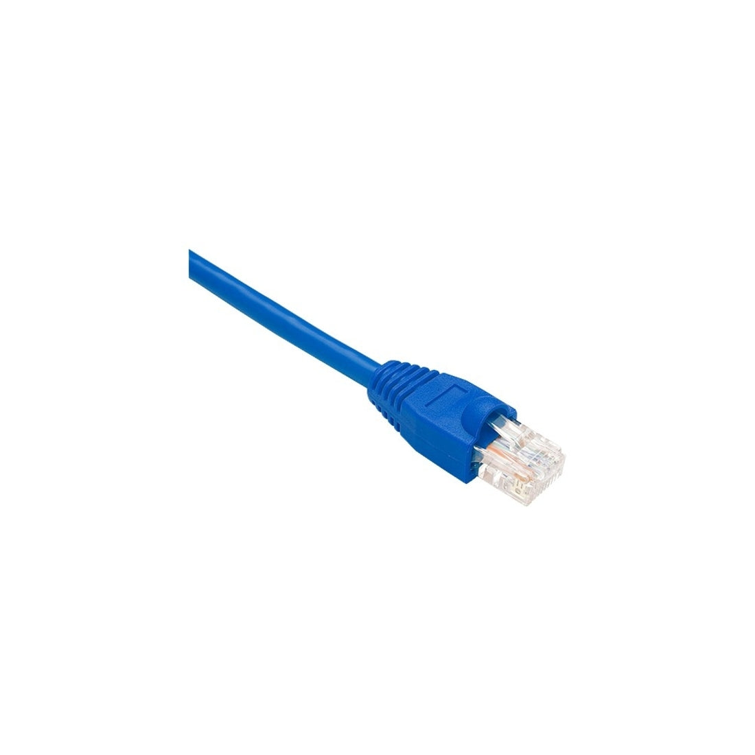 Close-up view of blue Cat.5e network cable with snagless RJ-45 connector and transparent boot-alternate-image1