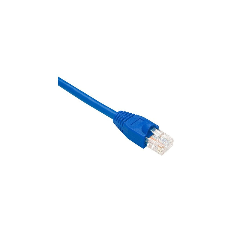 Close-up view of blue Cat.5e network cable with snagless RJ-45 connector and transparent boot