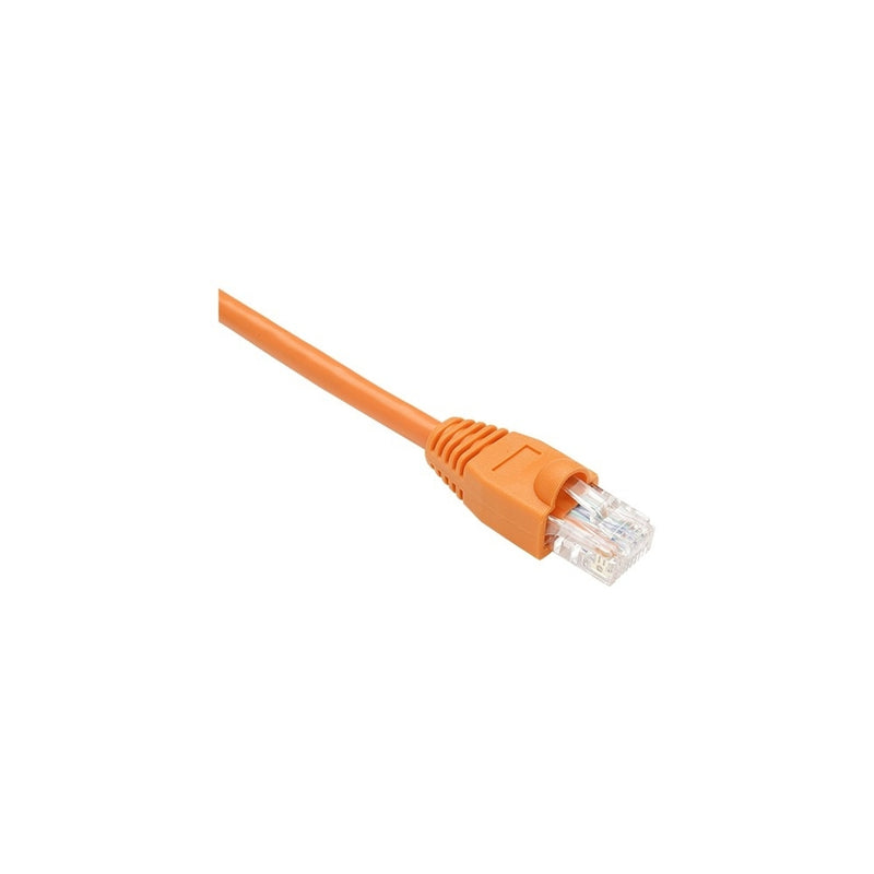 Orange Cat.5e network patch cable with snagless boot and RJ-45 connector close-up view