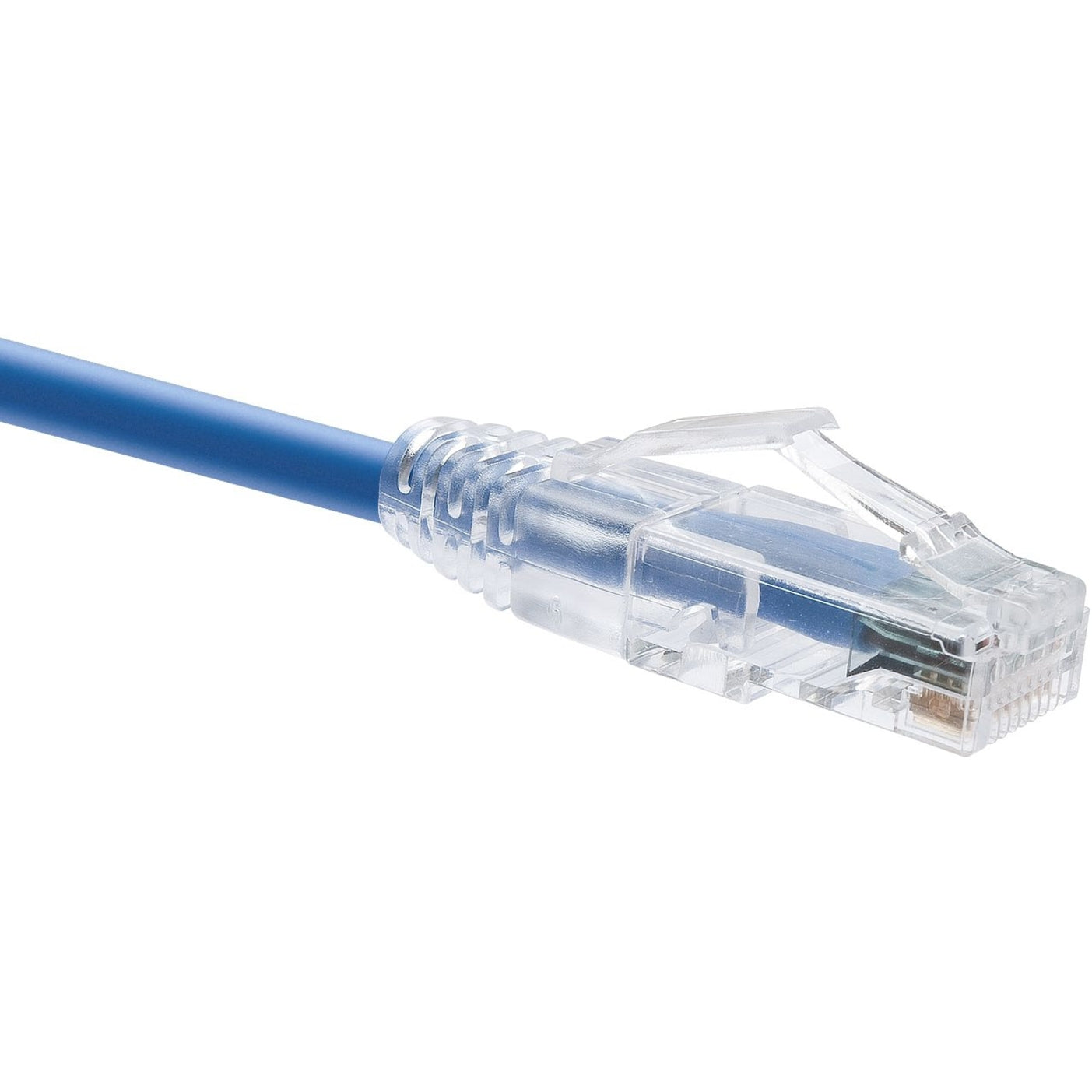 Close-up view of ClearFit Cat.6 cable's transparent RJ-45 connector with snagless boot and blue cable jacket-alternate-image1