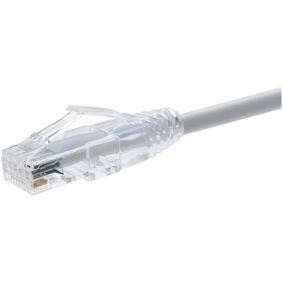 Close-up view of ClearFit Cat.6 cable's transparent RJ-45 connector with snagless boot and gold-plated contacts