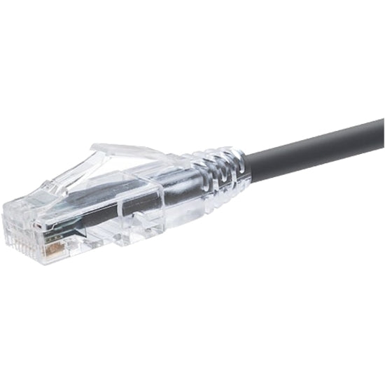 Close-up view of Unirise ClearFit Cat.6 cable's transparent RJ-45 connector with snagless boot design and black cable jacket-alternate-image1