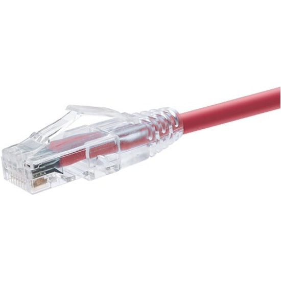 Close-up view of ClearFit Cat6 cable's transparent snagless connector with red cable jacket-alternate-image2