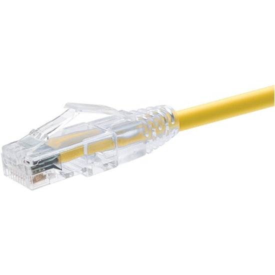 Close-up view of ClearFit Cat6 cable's transparent RJ-45 connector with snagless boot and yellow cable jacket-alternate-image1