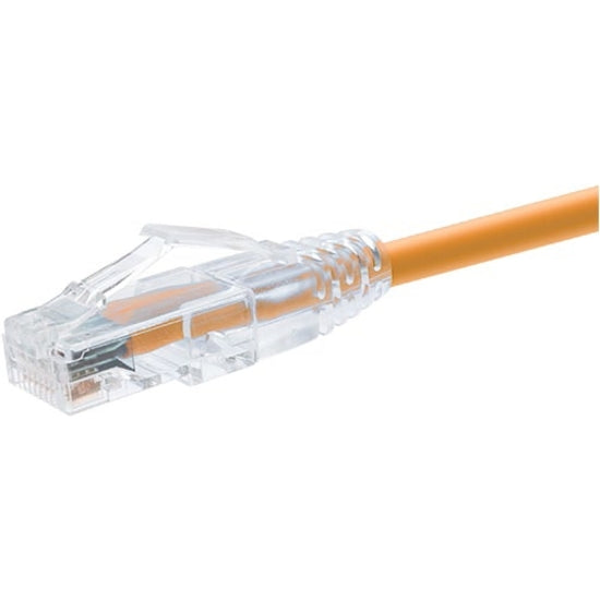 Close-up view of Unirise ClearFit Cat.6 network cable's transparent RJ-45 connector with snagless boot and orange cable jacket-alternate-image1