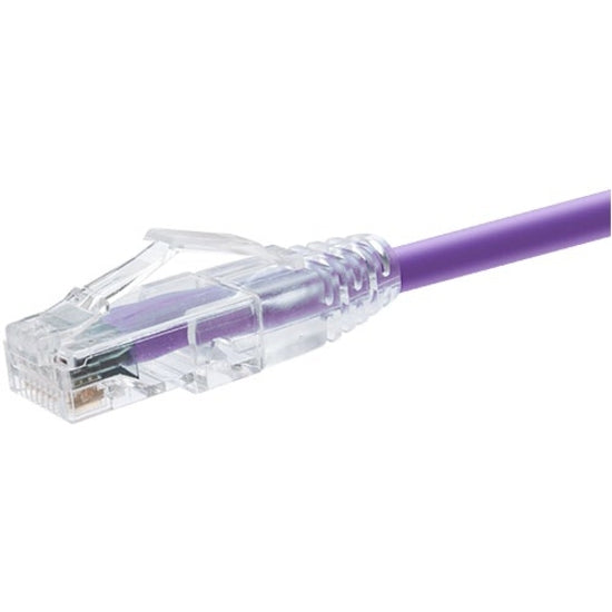 Close-up view of Unirise ClearFit Cat.6 cable's transparent snagless connector with purple jacket-alternate-image1