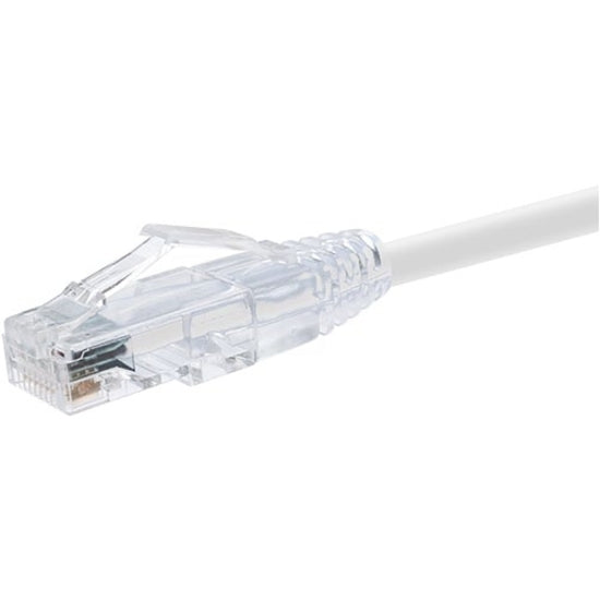 Close-up view of transparent RJ-45 connector with snagless boot on white Cat.6 network cable-alternate-image1