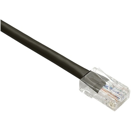 Close-up view of Unirise Cat.5e black network cable with transparent RJ-45 connector