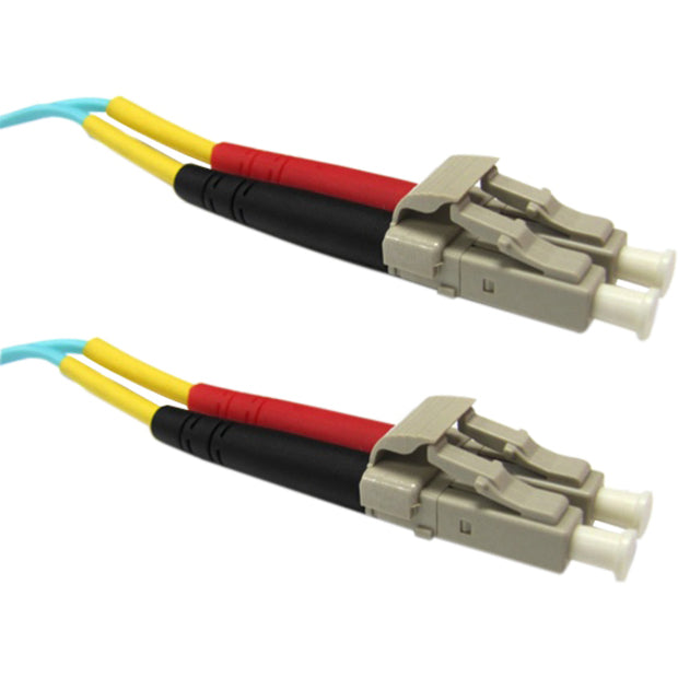 Close-up of Weltron LC fiber optic connectors showing detailed view of aqua cable with color-coded strain relief and precision terminations-alternate-image1