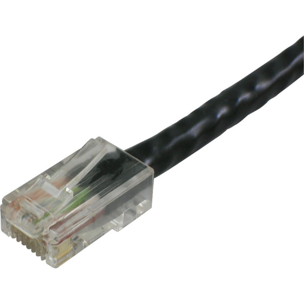 Close-up view of transparent RJ-45 connector on black Cat6 ethernet patch cable showing internal wiring configuration-alternate-image1