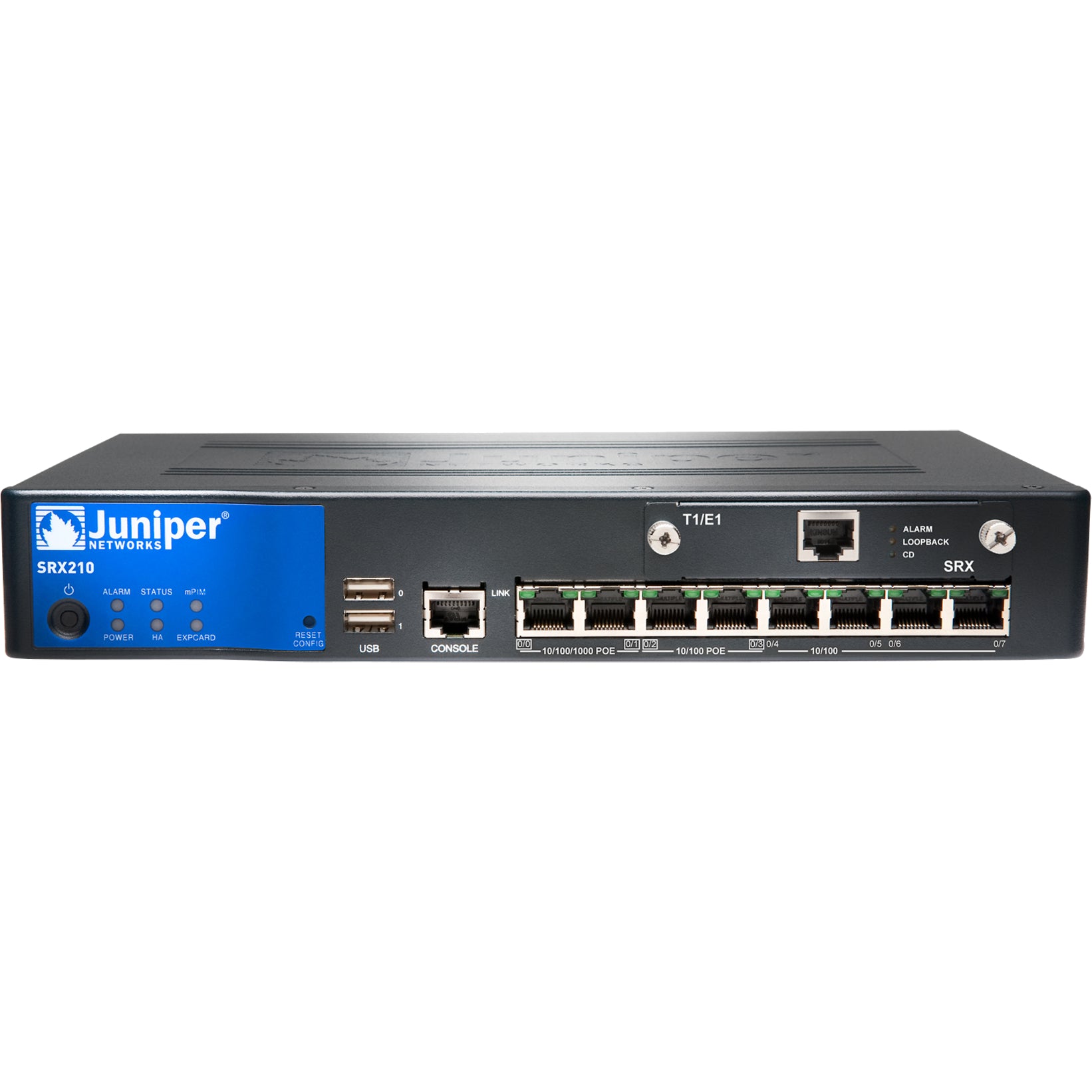 Front view of Juniper SRX210 Services Gateway showing 8 Gigabit Ethernet ports, USB ports, console port, and status indicators-alternate-image1