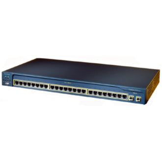 Angled perspective of Cisco Catalyst 2950T-24 switch displaying port arrangement and compact chassis design-alternate-image2