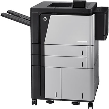 Three-quarter view of HP LaserJet M806X+ highlighting paper handling system and compact design