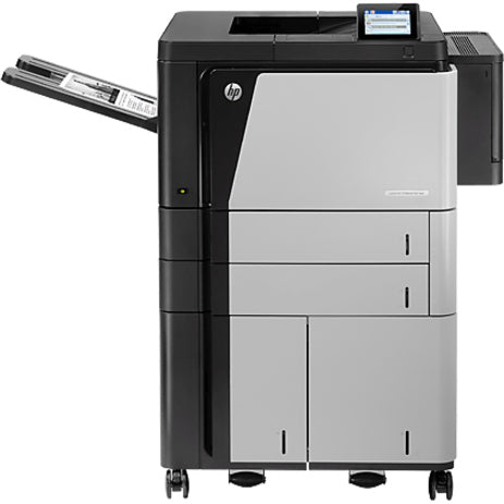 Front three-quarter view of HP LaserJet M806X+ printer showing multiple paper trays, touchscreen display, and output tray