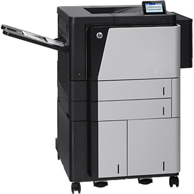 Side view of HP LaserJet M806X+ showing paper tray configuration and mobility features