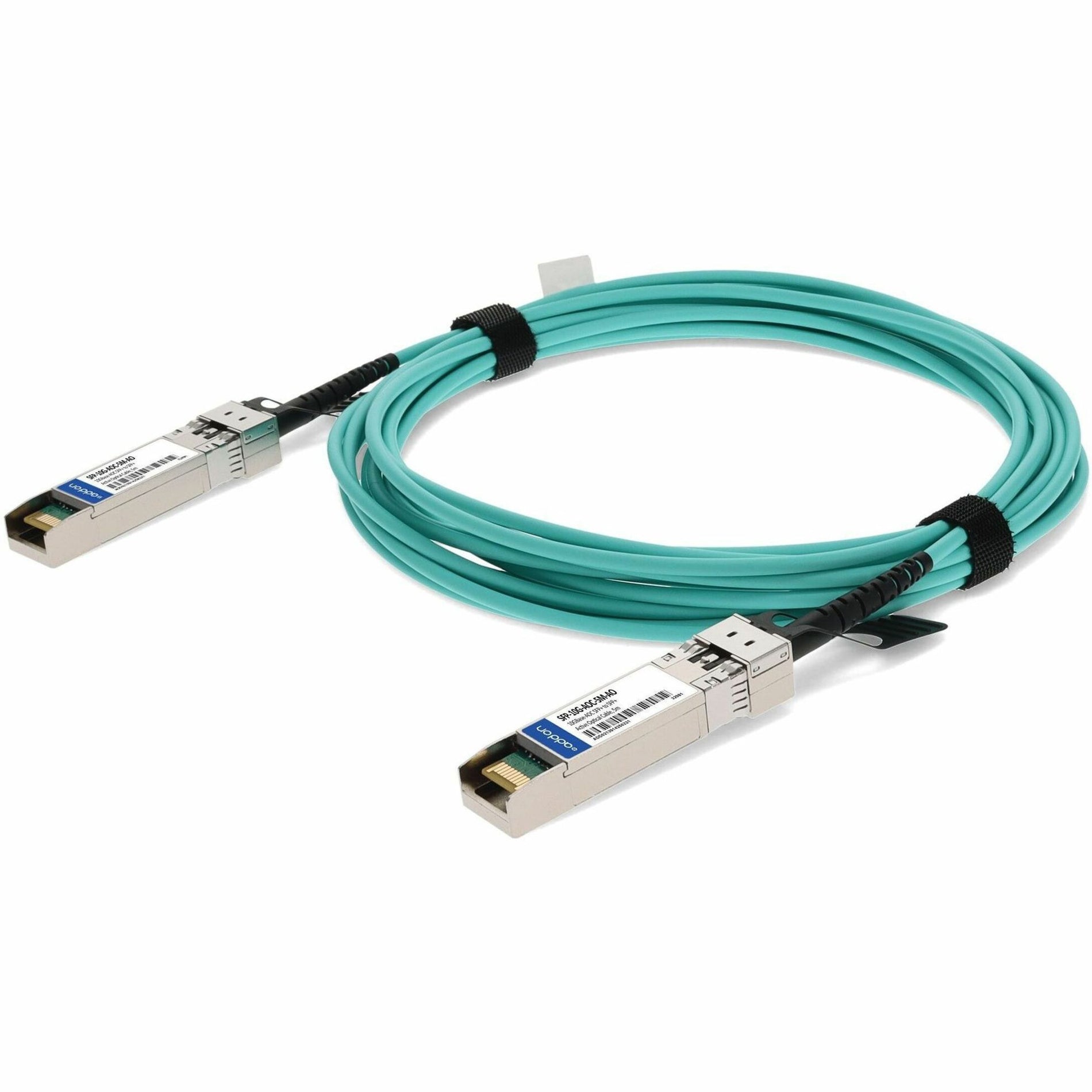 Front view of AddOn 16.40ft aqua multi-mode fiber optic cable with SFP+ connectors-alternate-image1