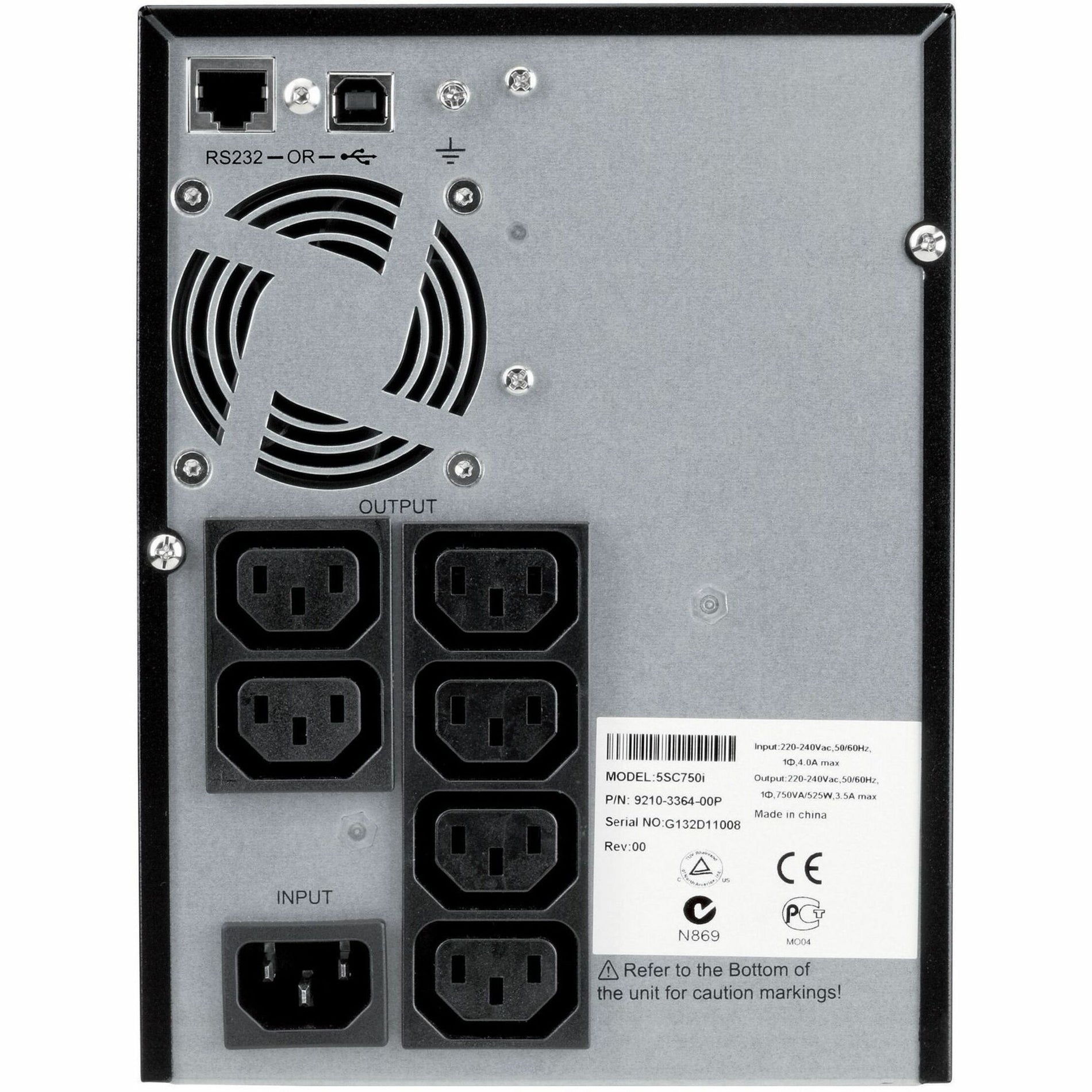 Rear panel view of Eaton 5SC UPS showing power outlets, communication ports, and cooling system-alternate-image3