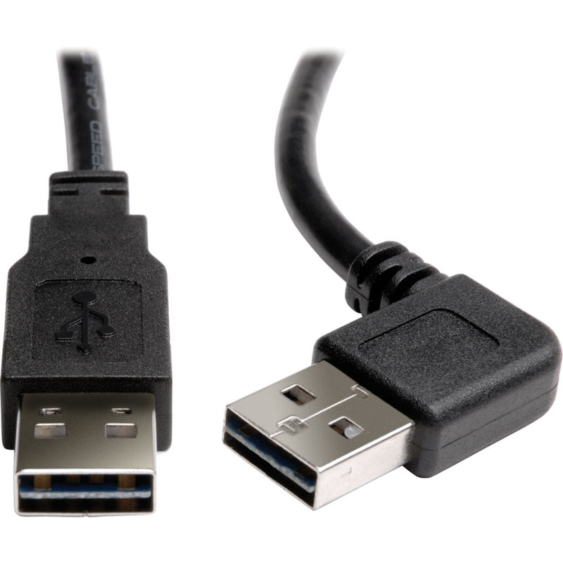 Close-up of Tripp Lite USB 2.0 cable showing right-angle connector and reversible USB-A ends