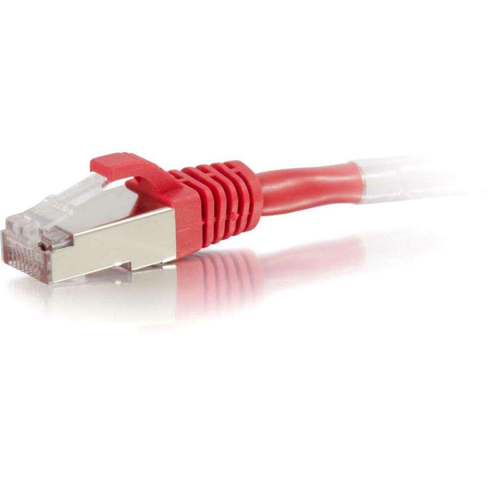 Close-up view of red Cat6 cable's shielded RJ-45 connector with gold contacts and snagless boot-alternate-image1