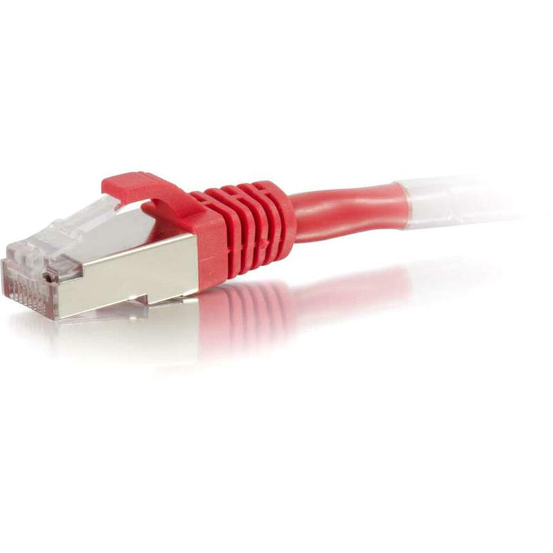 Close-up view of red Cat6 cable's shielded RJ-45 connector with gold contacts and snagless boot